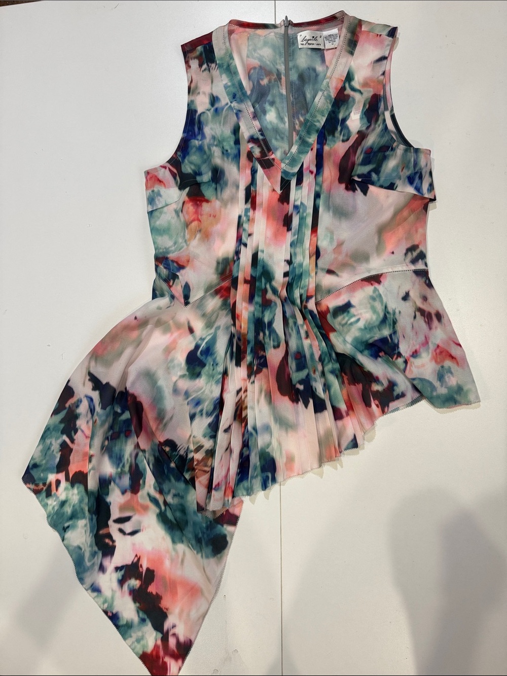 Byron Lars Multicolor Watercolor Pleated V-Neck Asymmetric Tank